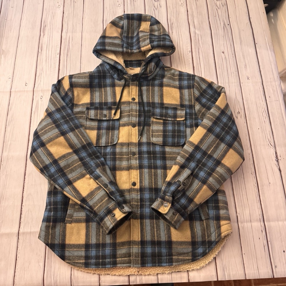 Schott Rancher Sherpa Lined Hooded‎ CPO Jacket Plaid Wool Blend Blue Tan XL Mens